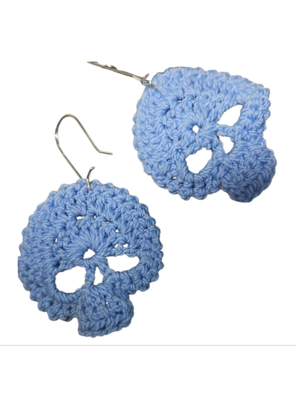 Handmade Crochet Skull Earrings Baby Blue Cotton Gothic Boho Halloween Jewelry